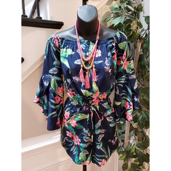 Hint of Blush Women's Off-Shoulder Floral Romper Size M Navy 100% Polyester - Picture 2 of 11